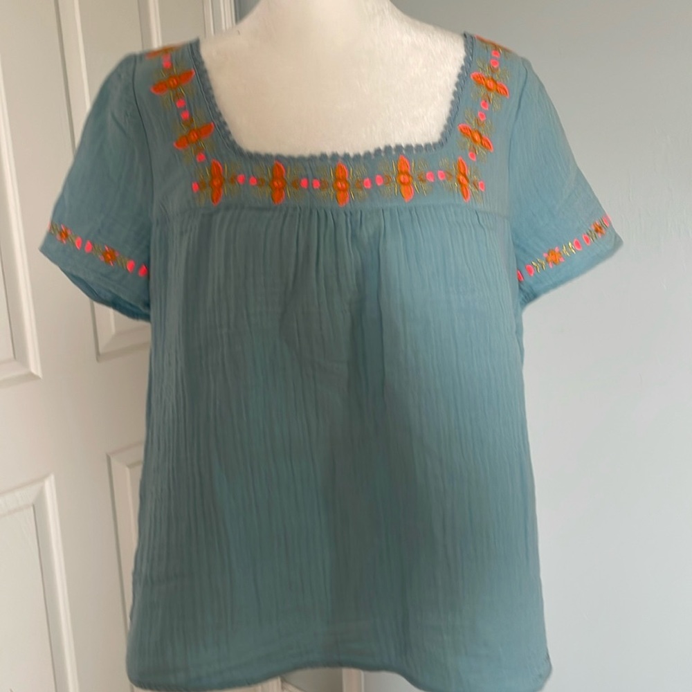 Boden boho embroidered top in heron blue size 8